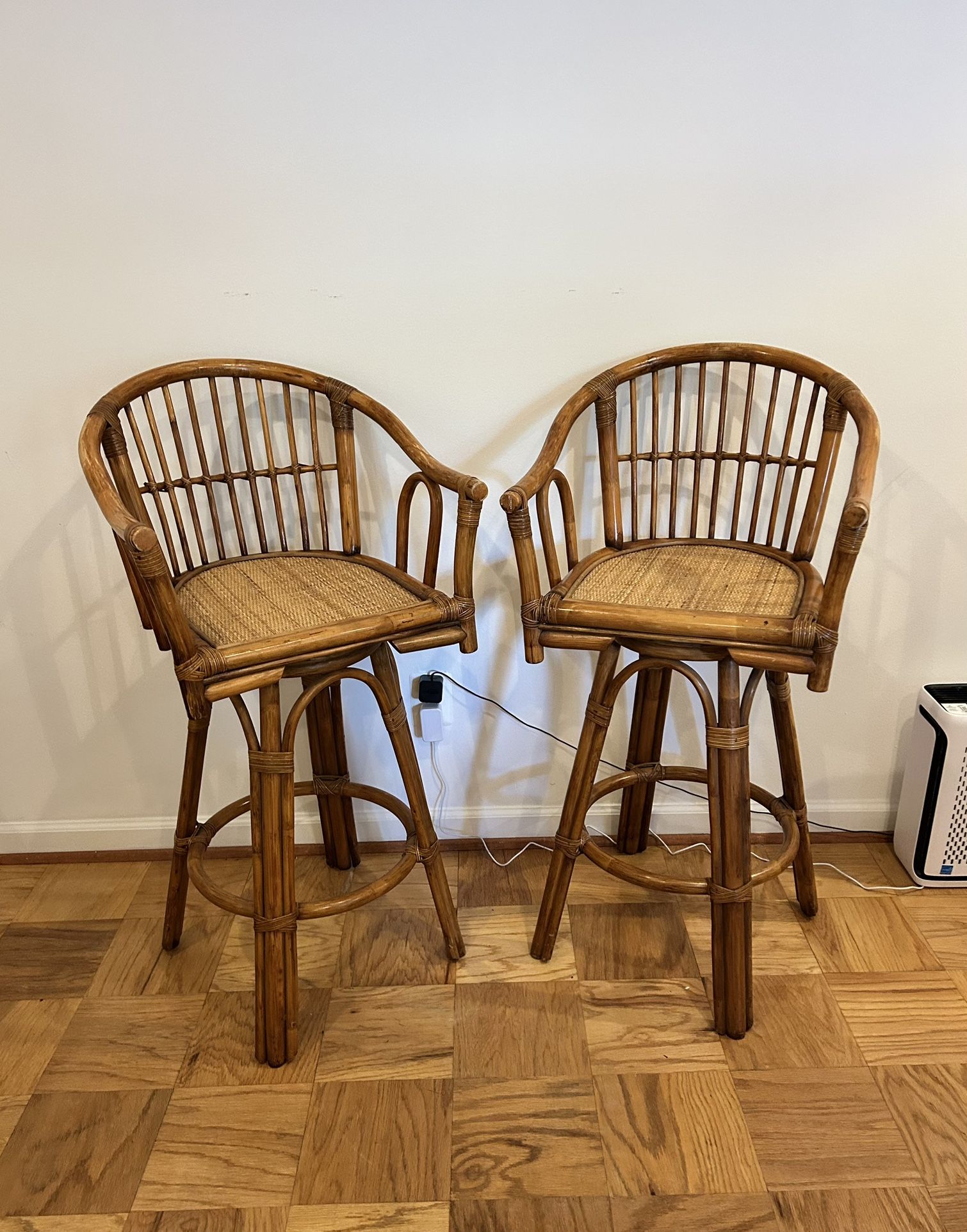 Pair of Rattan swivel bar stools