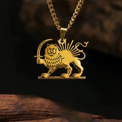 Iran Persia Royal Empire Lion Sun Shir Khorshid Stainless Steel Necklace 