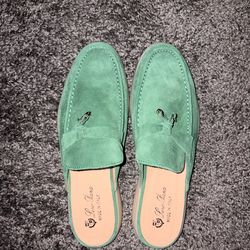 Loro Piana Green Suede Loafer Flats Slip-On Bow Accent Women's Shoes