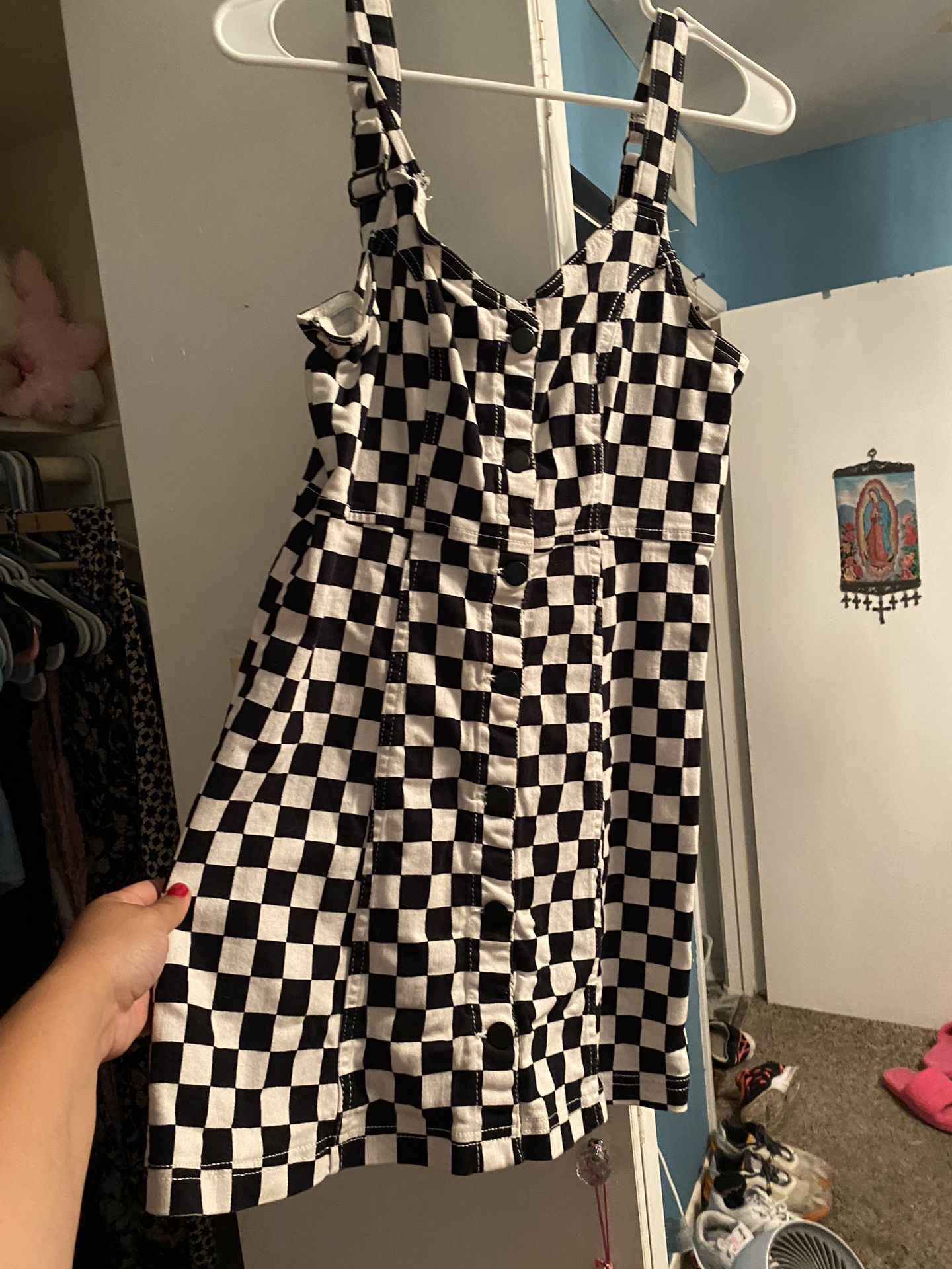 Checkered Overalls  Denim Dress 