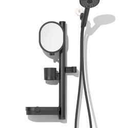 Black handheld shower system, high pressure with slidebar organizer for mirror, multi-purpose cup, shelf and hook, 3 spray functions, 70in hose