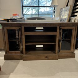 Brown Wooden TV Stand with Glass Doors
