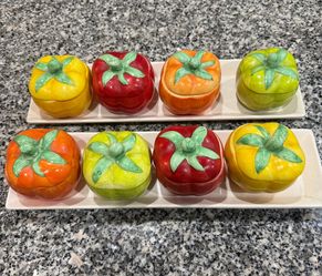 Ceramic Bell Peppers Set of 4 Bowls with Condiment Jars/Lids