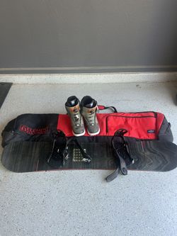 Snowboard, Boots, Bindings, And Travel Case