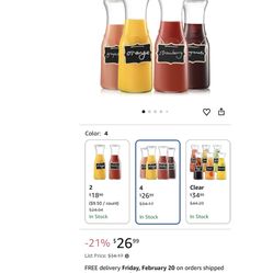 NETANY Set of 4 Glass Carafe with Lid, 1 Liter Beverage Serveware Carafe, Clear Glass Pitcher for Mimosa Bar, Brunch, Cold Water, Juice, Milk, Iced Te