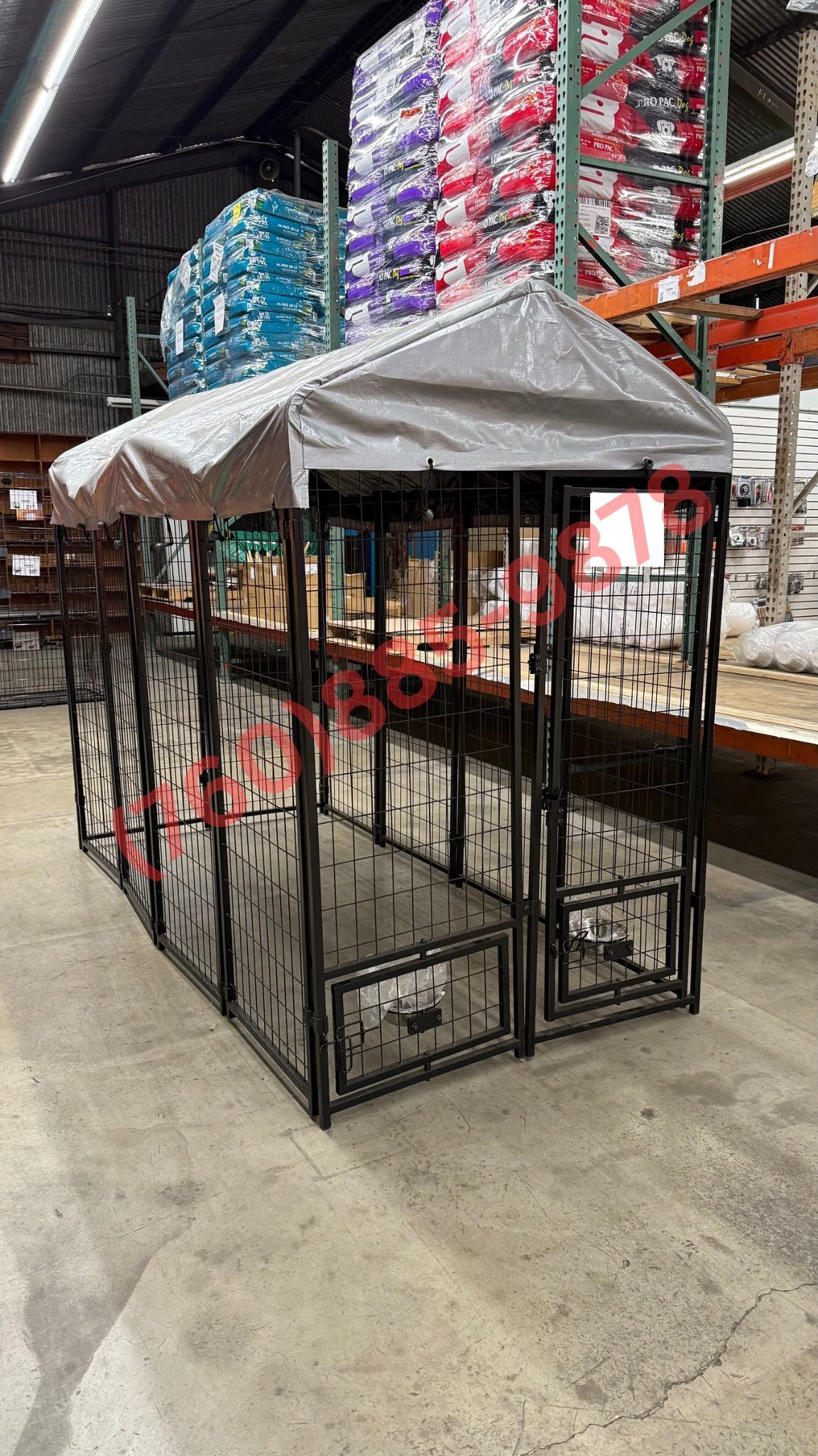 Outdoor Dog Kennel with Tarp Shade With Feeding Doors & Bowls – 8x4x6 ft (New in Box)
