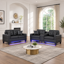 Brand New Closeout Black Faux Leather Sofa Set with LED Lights
