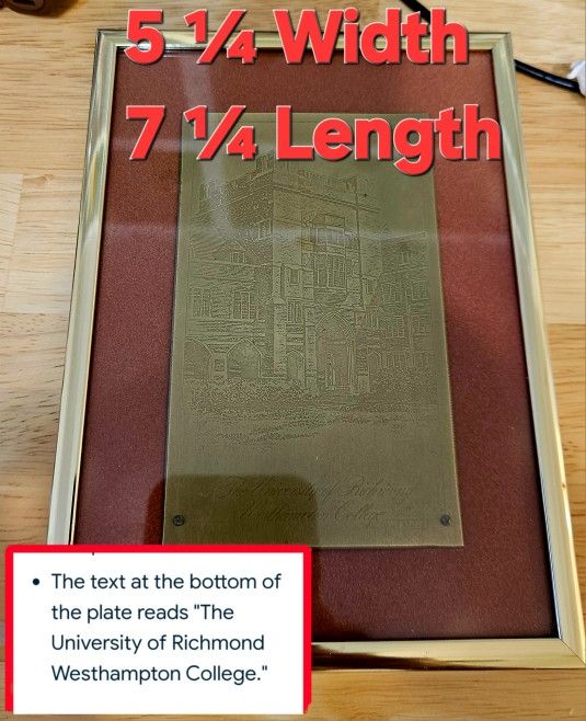 VINTAGE RARE FINDING(COPPER ENGRAVING PRINTING PLATE) UNIVERSITY OF RICHMOND WESTHAMPTON COLLEGE 