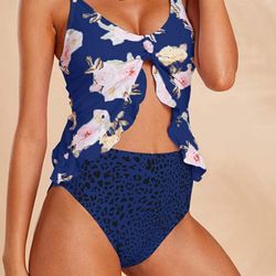 Women's High Waist Flounce Swimsuit Sexy Tie Front Lace up Retro Bikini SMALL NWT