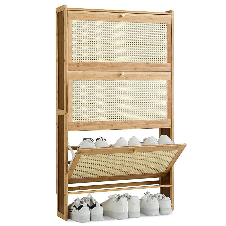 MoNiBloom Thin Bamboo Shoe Cabinet with 3 Flip Drawers, Narrow Slim Freestanding Hidden Shoe Storage Cabinet for Entryway Hallway Living Room (Natural