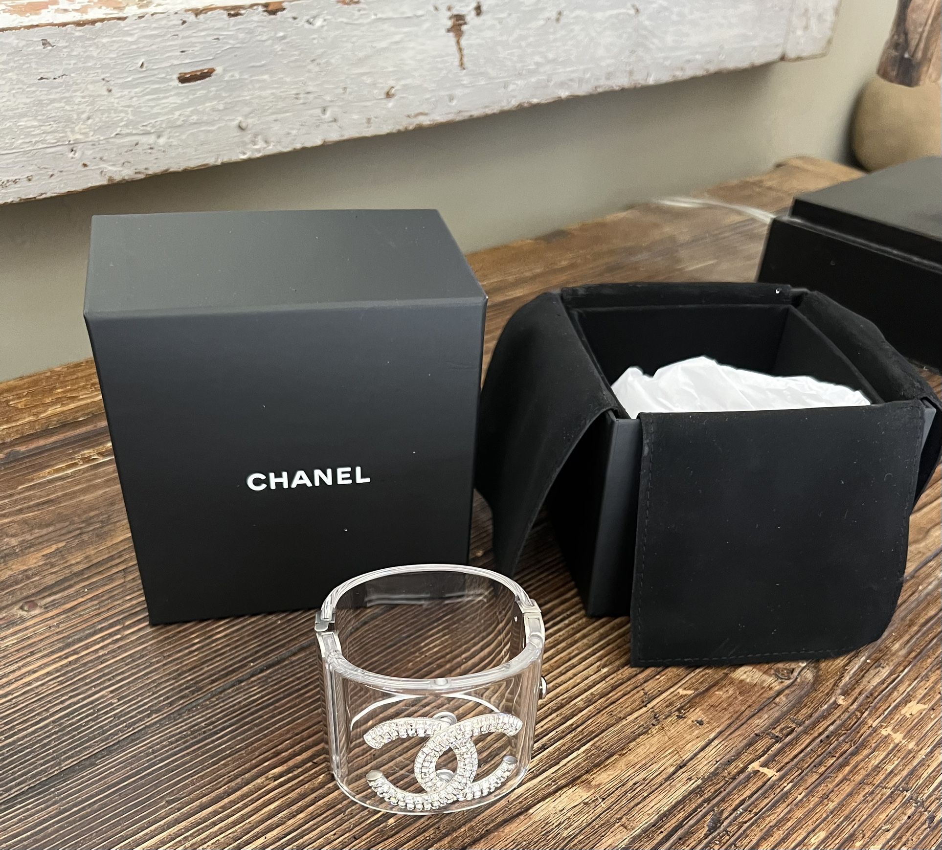 Authentic Chanel Clear Resin/Lucite Crystal CC Wide Cuff Bracelet