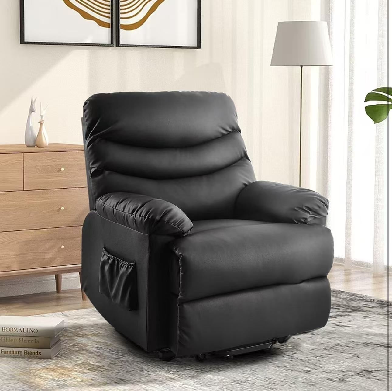 Power Lift Recliner Chair for Elderly PU Leather Single Sofa Reading Chair with Side Pockets Home Theater Seating Ergonomic Lounge Chair