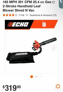 165 MPH 391 CFM 25.4 cc Gas ( 2-Stroke Handheld Leaf Blower Shred N Vac
