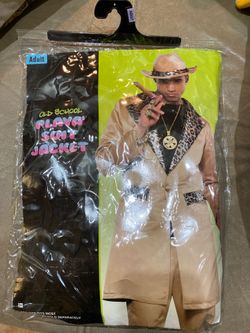 Old school playa suit jacket with hat, necklace, and rings