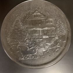 Glass Serving Platter 13” Etched With Santa Sleigh