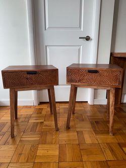 Pair of Carved Wood Nightstands with Drawer