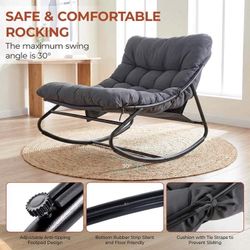 Arlopu Outdoor Papasan Rocking Chair, Oversized Padded Lounge Rocker with Cushion, Comfy Wicker Egg Lounge Chair, Large Indoor Rocking Recliner for Ga