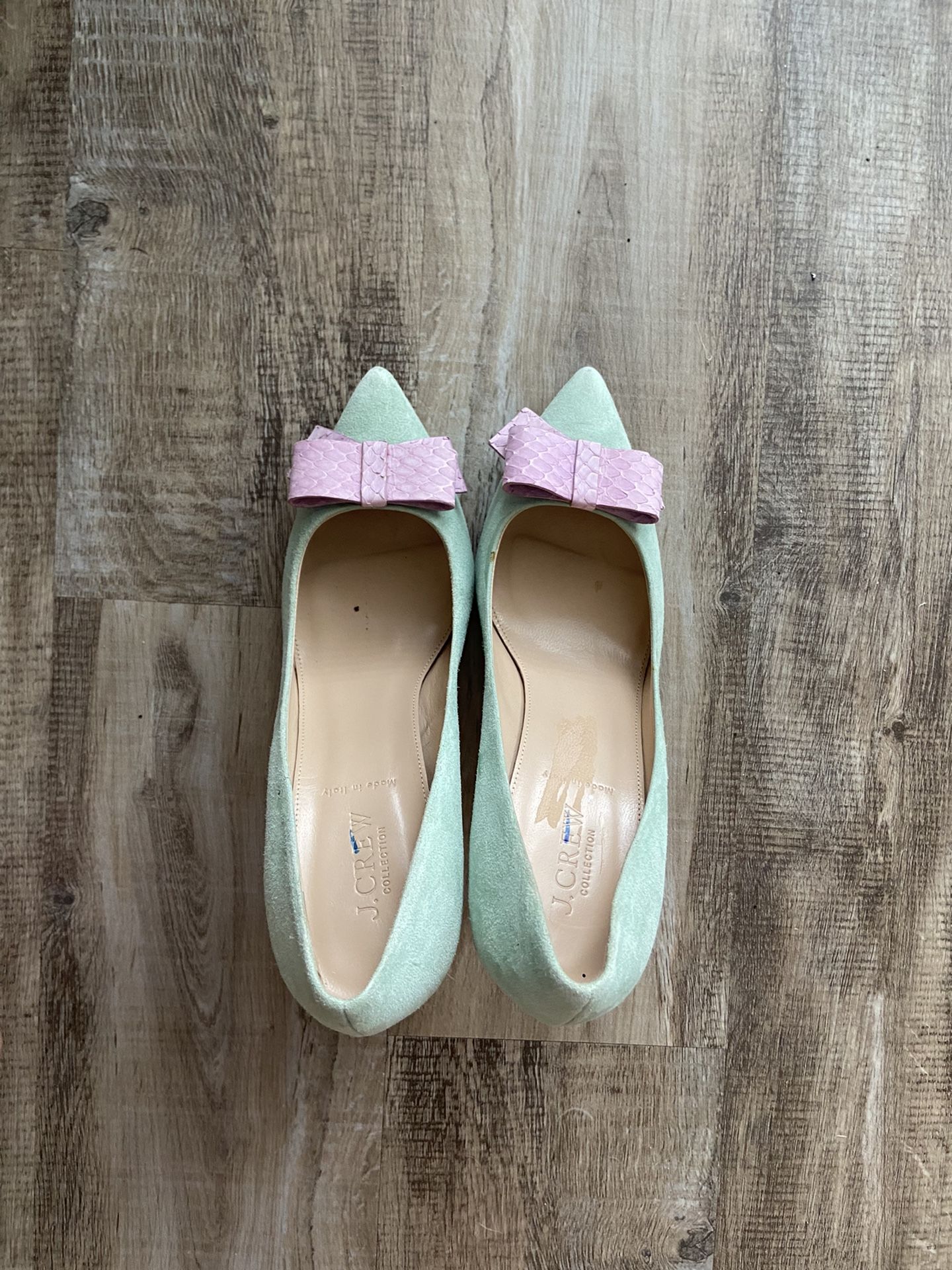 J Crew Suede Everly Pump Size 9 Light Green Pink Bow Tie