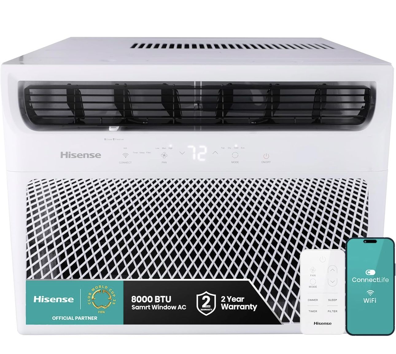 Hisense 8,000 BTU Smart Window Air Conditioner, 3 modes (Cooling, Fan, Dehumidifier), Easy Installation, Ultra Quiet,