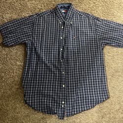 Tommy Hilfiger Shirt Men Large Blue Plaid Short Sleeve Button Up