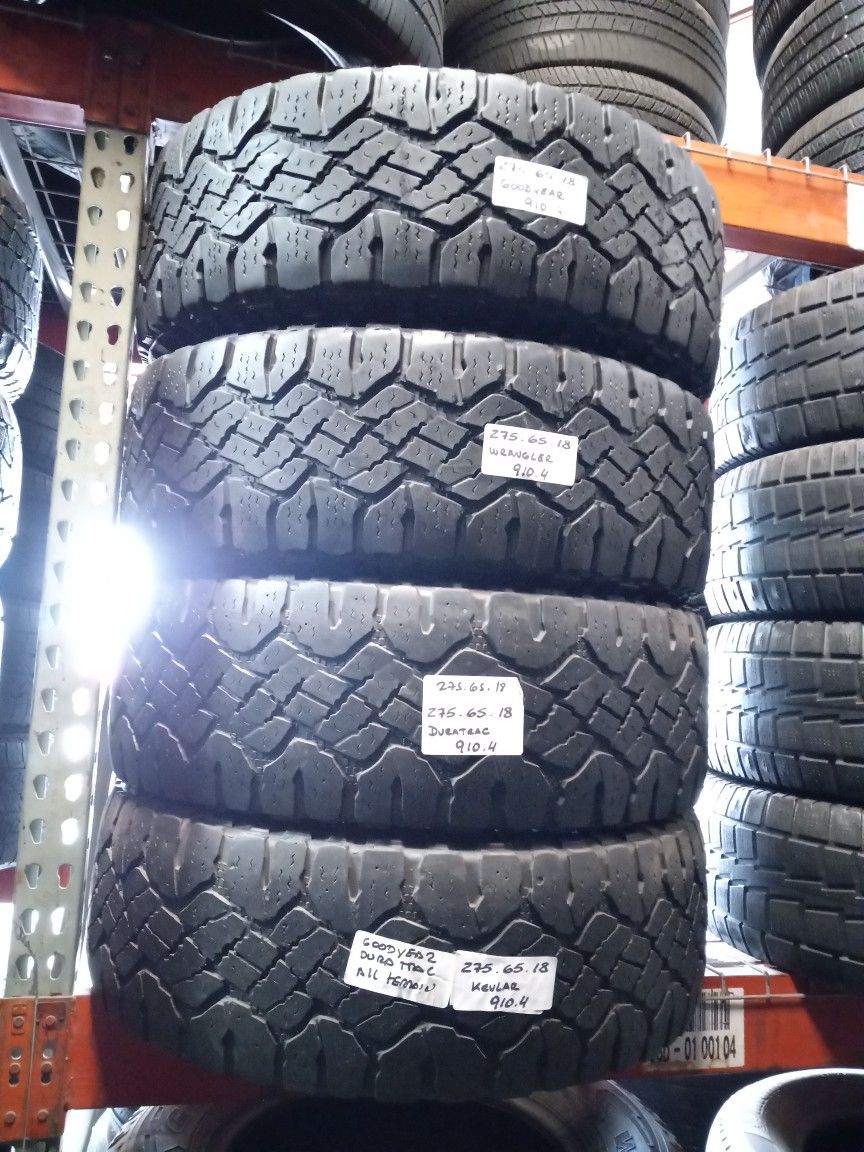 4 USED MATCHING TIRES SET LT275/65R18 GOODYEAR WRANGLER DURATRAC KEVLAR  GRADE TECHNOLOGY 275/65R18 ALL TERRAIN TRUCK JEEP TIRES 275 65 18 for Sale  in Fort Lauderdale, FL - OfferUp