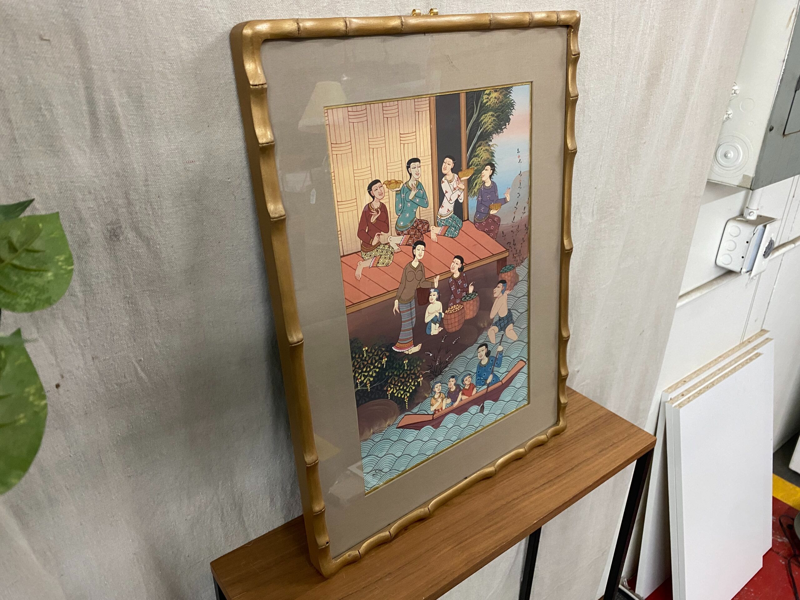 Vintage Painting of Asian Village on Water