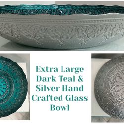 Extra Large Dark Teal & Silver Hand Crafted Glass Bowl 