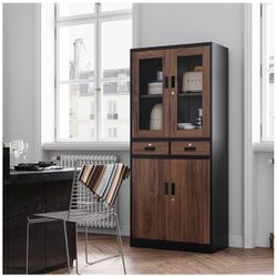 ✌️ 71" Tall Steel Lockable  Pantry Metal Storage Cabinet with Glass Doors and Adjustable Shelves - File Cabinet with 2 Drawers 