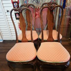 Hollywood Regency Queen Anne-style Set Of 4 Mahogany Dining Chairs w/ Pink Upholstered Seats 42.5"