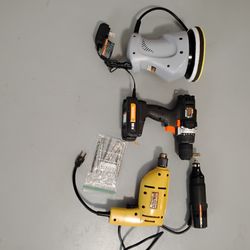 Tools, drills, car polisher, pressure washer 