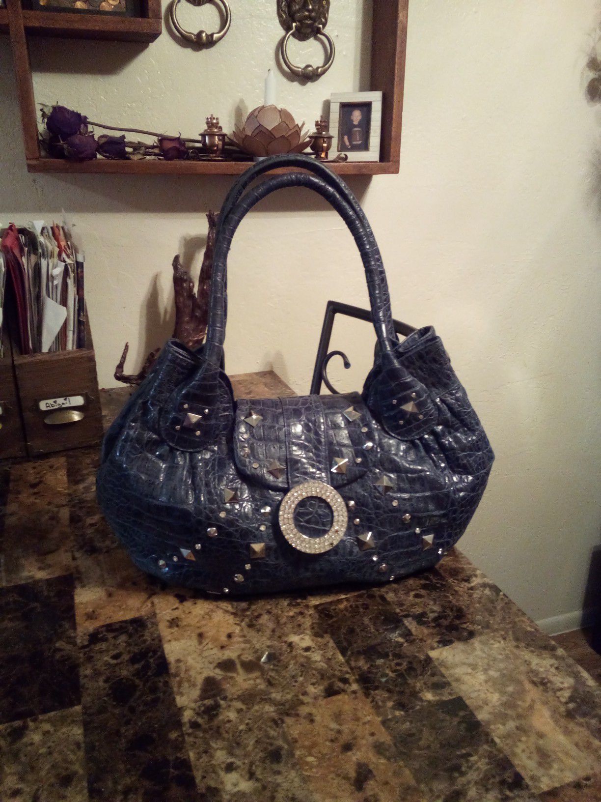 Charm & Luck navy blue Genuine Leather with crocodile embossing studded & rhinestones large hobo shoulder bag purse *Orig Retail$350*