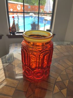 VINTAGE L. E. SMITH AMBERINA MOON AND STARS RED/ORANGE CANISTER JAR NO LID 8”