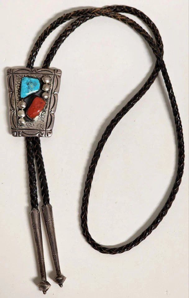 925 Sterling Silver Turquoise & Coral Bolo Tie