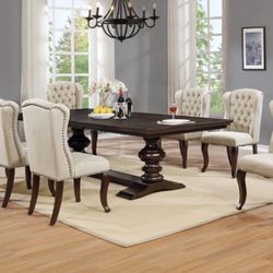 Dark Wooden Dining Table + Beige Wing Back Tufted Chairs