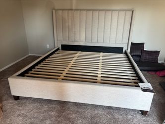 King beige fabric bed frame & head board