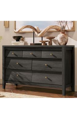 Black 7 Drawer Dresser, Modern Farmhouse Wood Storage Cabinet, Bedroom Chest TV Stand