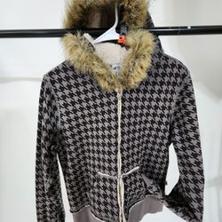 Houndstooth Pattern Faux Fur Hoodie With Sherpa Inside
