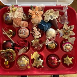 Vintage Floral Ornaments Rare Various (27) With Storage Bin.