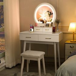 Vanity Table with Lighted Mirror, Makeup Table Set with 4 Drawers, Dressing Vanity Tables-White