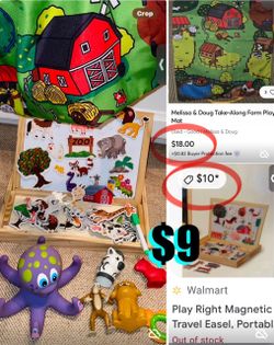 $9 Bundle of Educational Toys Magnetic travel easel portable 27pieces,Melissa & Doug Farm play mat