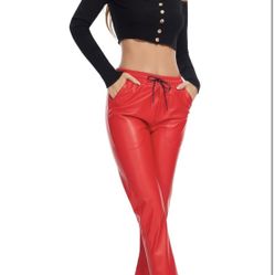 Red Faux Leather Pants for Women High Waist Pleather Jogger Pants Straight Leg Trousers with Pockets