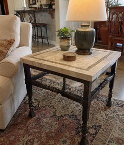Vintage Travertine Stone Side Table – Heavy Ornate Metal Base – 26” Square-#1155