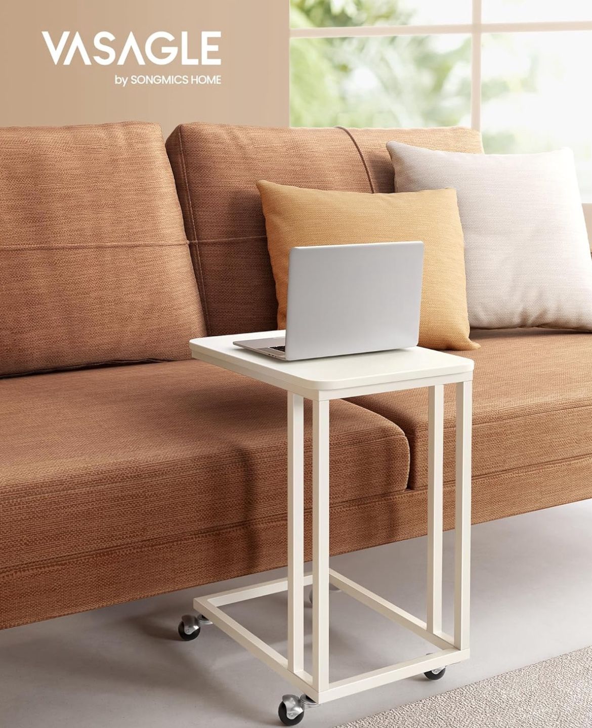 VASAGLE End Table C Shaped TV Tray with Metal Frame Rolling Casters - Cream White