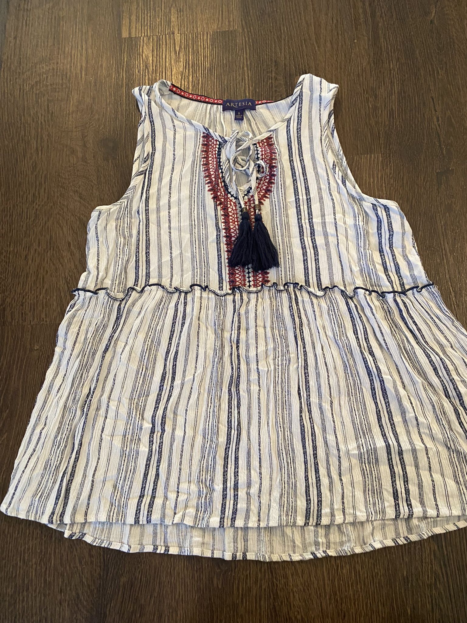 Womans Blue And White Fringe Tie Shirt Size Small By Artesia #19