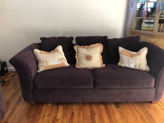 2 Bauhaus purple velvet couches. Taupe chair and ottoman . Furniture is in very good condition and is very comfortable.