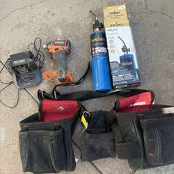 Husky Tool Belt , Ridgid Impact Drill And Charger, Torch