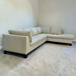 Cream Beige Leather Sectional with Right Chaise