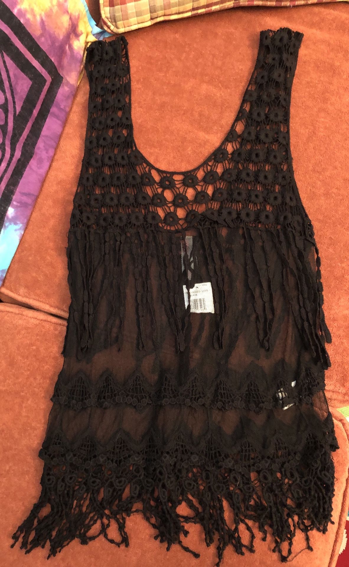 Black lace and fringe tank top