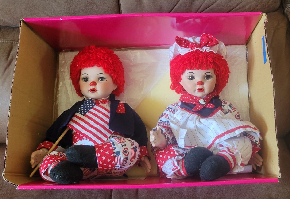 Marie Osmond HUGGS & KISSY RED WHITE & I LOVE BLUE Raggedy Ann Andy Dolls