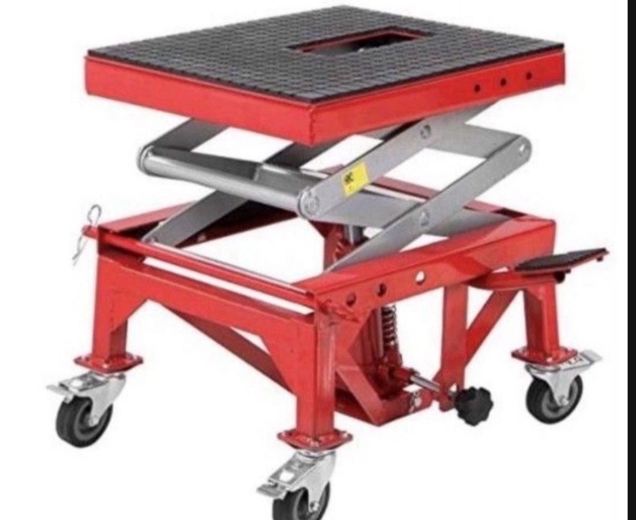 XtremepowerUS 300LBS Motorcycle Dirt Bike ATV Motorcycle Bike Scissor Jack Lifts Hoist Mini Crank Hydraulic Foot Operated Lift, Red